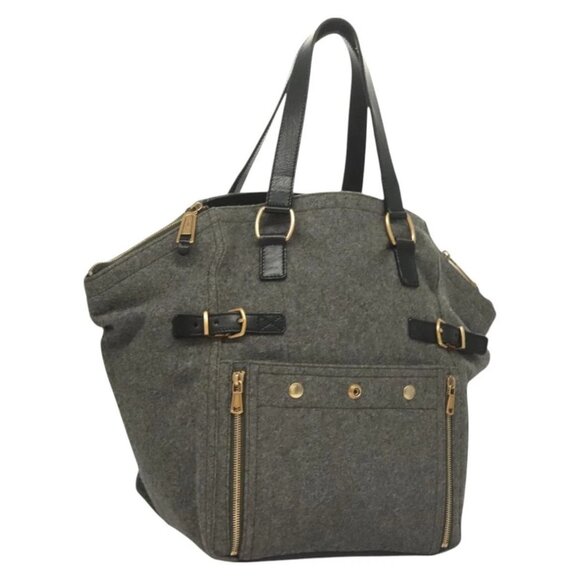 SAINT LAURENT Downtown Tote Bag Wool Leather Gray 175884 Auth 130161 - Picture 1 of 16